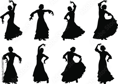 Flamenco dancer silhouettes, expressive poses, ruffled dress, Spanish culture, traditional dance, black icons, vector illustration, dramatic movement, elegant performance