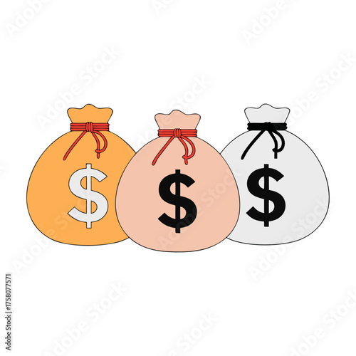 Three Vibrant Money Bags with Dollar Signs and Sparkles