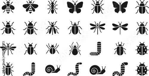 Collection of silhouettes of various insects and garden pests isolated on transparent background