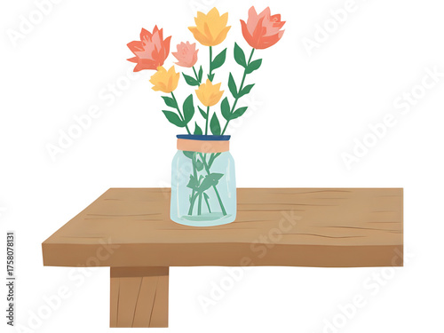 Mason Jar with Wildflowers on Wooden Table | Rustic Floral Arrangement in Glass Jar | Country Style Mason Jar Bouquet on Wood Surface | Simple Wildflower Decoration on Wooden Table 