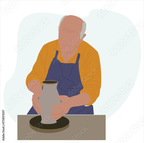 makes ceramics.  senior male making pottery with a potter's wheel. potter making a ceramic pot on the pottery wheel in the workshop.