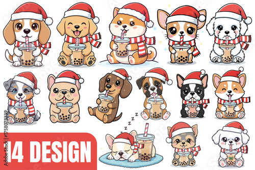 Kawaii Christmas Dog Puppies Boba Tea Bundle Holiday Vector
