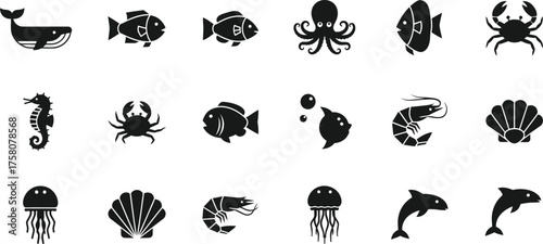 Collection of black silhouette marine life icons including fish octopus crab seahorse shrimp jellyfish and dolphin isolated on transparent background