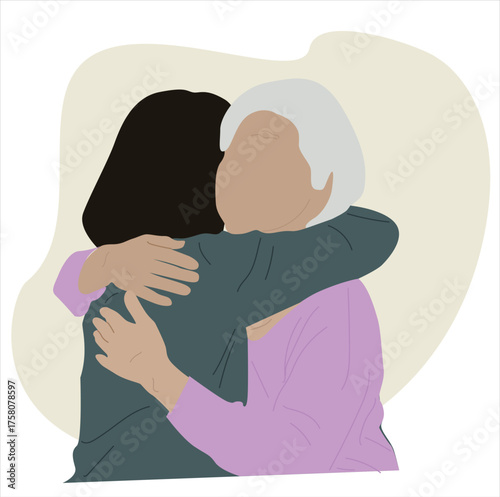 grandmother and mother hugging.  a daughter hugging her old mother from shoulder. 