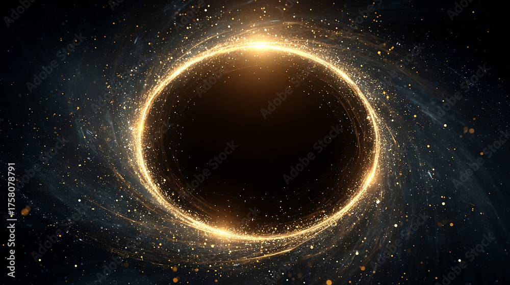 Naklejka premium Glowing Golden Celestial Portal Ring Surrounded by Sparkling Cosmic Swirls and Light Orbs