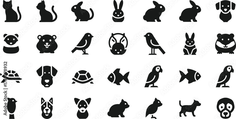Fototapeta premium Collection of silhouette icons representing various domestic animals and pets isolated on transparent background
