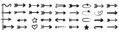  thirty hand drawn black arrow shapes various styles