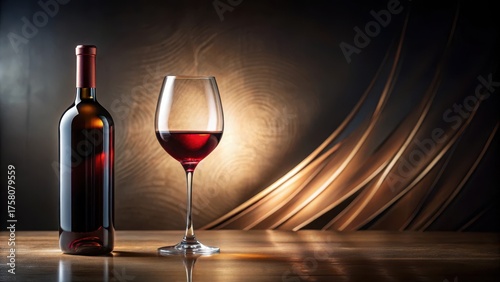 A bottle of red wine and a glass filled to the brim, elegantly poised on a rich wooden surface, set against a backdrop of abstract, swirling bronze tones.