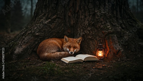 Whimsical Storytelling Concept of a Fox Reading a Glowing Book by Lantern in a Magical Forest