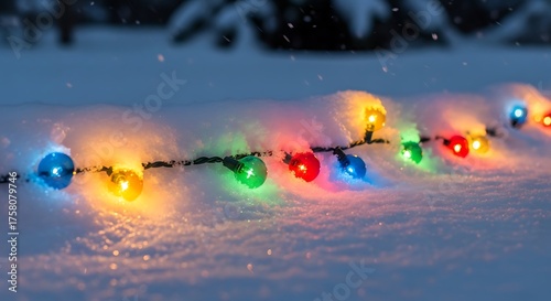 String of Lights on Snowy Ground Christmas Holiday Winter Festive Decorations Outdoors