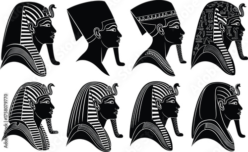 Ancient Egyptian pharaoh profile illustrations, royal headdress, nemes, crown, false beard, cultural iconography, black silhouette, vector art, historical design