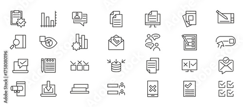 Survey line icon set. Audit, analysis, plan, evaluation, quality process, result, rewiev, feedback, exam, document