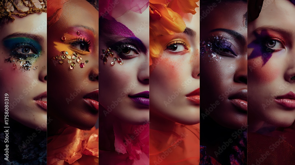 Obraz premium A row of multi-ethnic female faces, each with different shades of makeup.