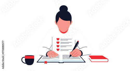 Woman diligently writing and checking items on a list for productivity planning