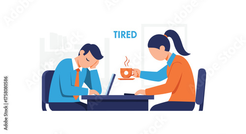 Colleague offers coffee to tired coworker struggling with workload at office desk