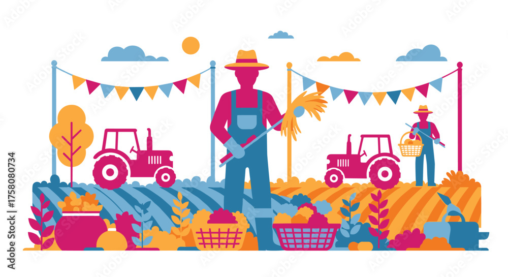 Fototapeta premium Farmers Harvesting Crops on a Sunny Autumn Day with Tractors and Decorations
