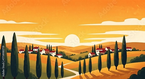 This minimalist, warm landscape composition, with its strong lines and layered hills, is a versatile asset for digital media and editorial use, suggesting themes of growth, abundance, and serene devel