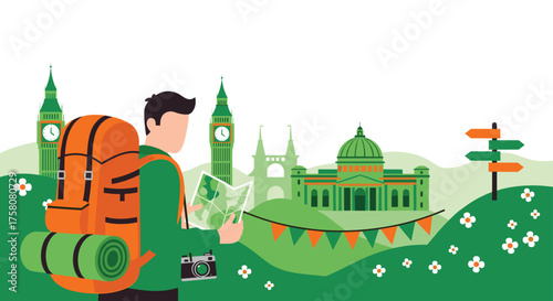 Explore new places with a backpack and a map adventuring through a green landscape with iconic landmarks and festive decorations