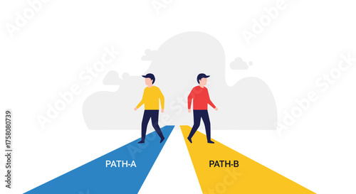 Two people choosing between two different paths one path labeled Path A and the other Path B