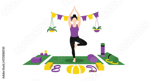 Indoor Yoga Practice with Diverse Fitness Equipment and Festive Decorations