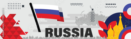 Russia Day Celebration Banner,  Kremlin Silhouette and Russian Flag Colors and abstract shapes. Vector Illustration