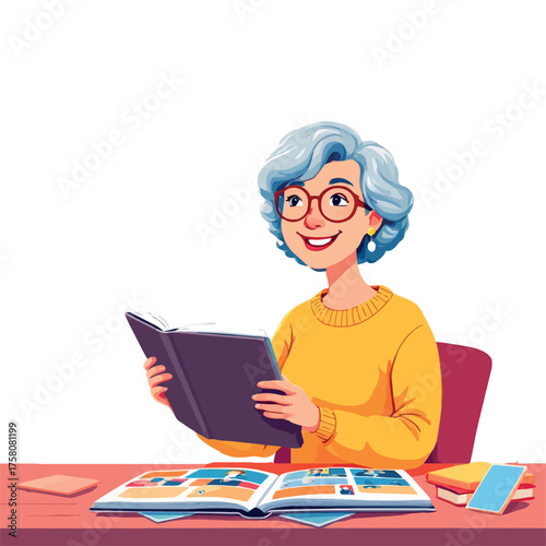 Vsai elderly woman learning at desk, holding book