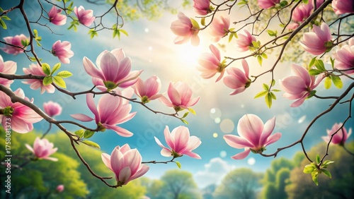 Radiant Magnolia Blossoms in Springtime Sunlight, a Serene and Vibrant Display of Nature's Beauty