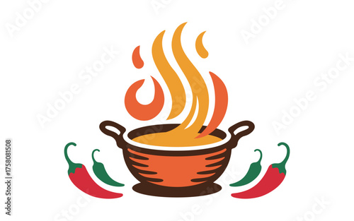 cooking pot logo with hot flames and chili peppers restaurant food vector design
