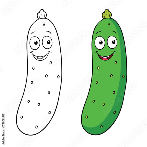 A fun cucumber coloring page featuring a long, smooth vegetable with bumpy skin and leafy stem. Great for teaching kids about healthy foods and farm-fresh produce.
