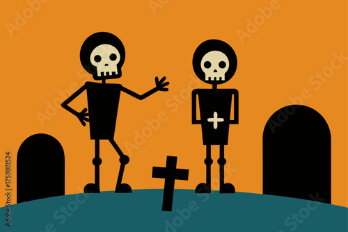 Skeletons Near Tombstones Vector Illustration