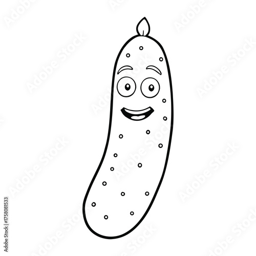 A fun cucumber coloring page featuring a long, smooth vegetable with bumpy skin and leafy stem. Great for teaching kids about healthy foods and farm-fresh produce.
