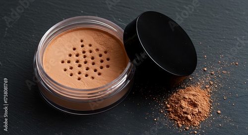 Loose foundation powder in a clear jar with a black lid and scattered powder on a dark surface for commercial usage and mockups