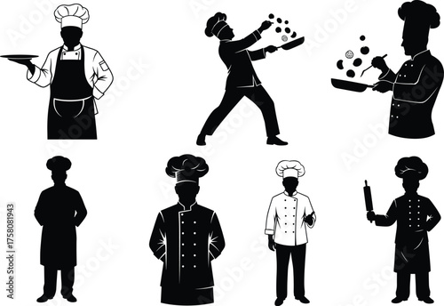Chef silhouette in various kitchen poses, culinary tools illustration, restaurant staff vector, black and white cooking character design, isolated set