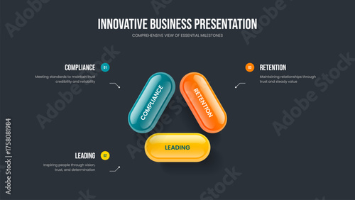 Company Strategy Three Element Diagram Slideshow Design. Financial Insight 3 Option Infographic Frame Template. Marketing Review Slide Layout Vector Illustration.