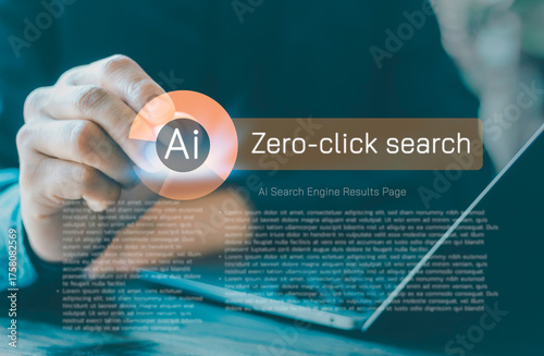 Zero Click Searches concept with businessmen using AI and virtual screens to optimize GEO, SEO, and AI Overviews. Represents the future of search engines, instant results, knowledge panel technology.