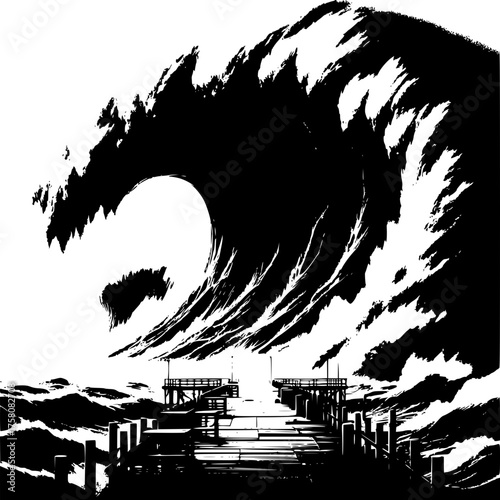 Waves of Intensity: An imposing monochrome depiction of a colossal wave crashing over a pier. Capturing the sheer power and immensity of nature's forces.