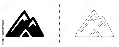 Mountain icons solid and outline symbols representing adventure, hiking, and outdoor exploration.