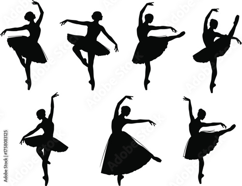 Ballet dancer silhouette, elegant tutu poses, classical dance vector, graceful movement icons, black ballerina figures, stage art, performance illustration