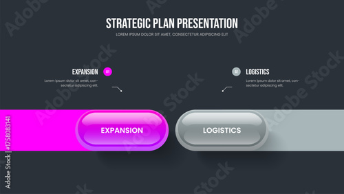 Marketing Portfolio Presentation Layout Vector Illustration. Investor Introduction Two Element Infographic Slide Template. Company Campaign 2 Step Diagram Frame Design.