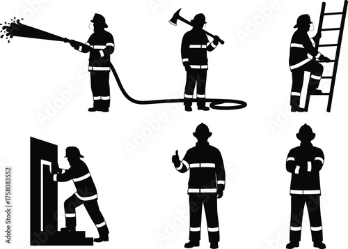 Firefighter silhouette icons, emergency rescue team, fire safety illustration, vector black figures, firefighting gear, ladder, hose, axe, helmet, protection
