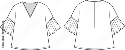 Ruffle sleeve blouse, fashion technical sketch, front and back view, flat vector illustration, garment design, women’s top, apparel template