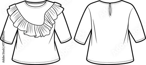 Women's blouse technical sketch, asymmetrical ruffle design, pleated sleeve detail, fashion flat drawing, garment construction, apparel template, flat vector illustration