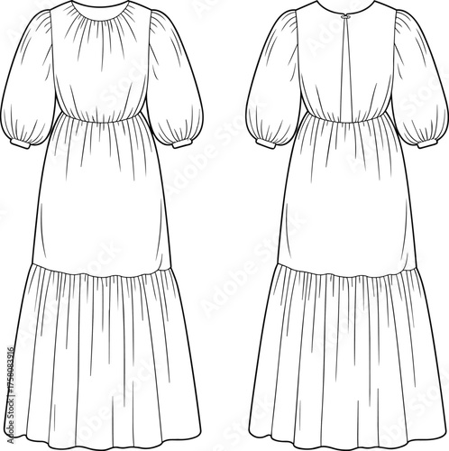 Women's maxi dress, fashion flat sketch, puff sleeve design, tiered gathered skirt, fitted bodice, garment template, apparel illustration, flat vector illustration