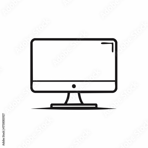 Minimalist line art icon of a desktop computer monitor. A simple vector graphic of a PC display screen, isolated on a white background for digital and web use
