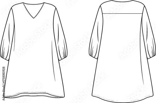 Women's tunic top, fashion flat sketch, V-neck blouse, puff sleeve design, high-low hem, garment template, apparel illustration, flat vector illustration