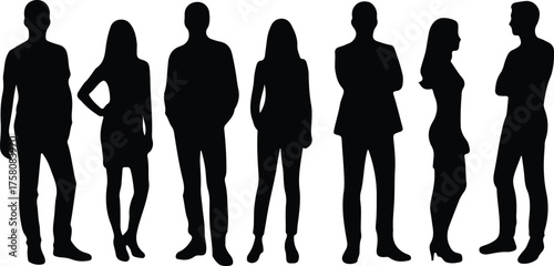 Silhouettes of men and women group, standing business people in black color, professional vector illustration.