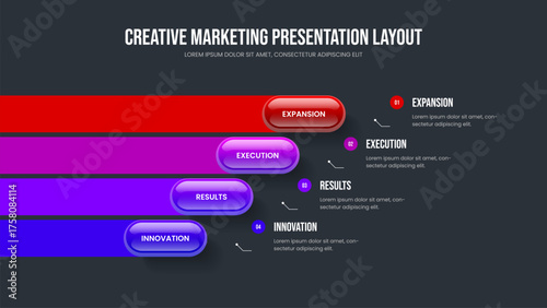 Marketing Growth Frame Layout Vector Illustration. Modern Campaign 4 Step Infographic Presentation Design. Financial Showcase Four Element Diagram Slideshow Template.