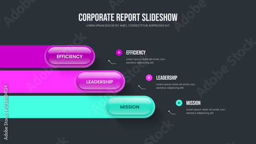 Sales Analysis Three Step Infographic Presentation Layout. Financial Overview Slideshow Design Vector Illustration. Marketing Showcase 3 Element Diagram Slide Template.