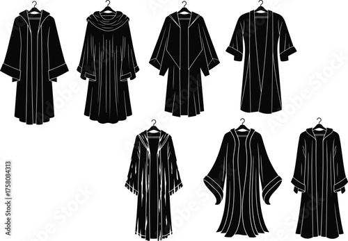 Black robe collection, costume design silhouettes, fantasy cloak styles, gothic fashion illustration, medieval outfit vector, wizard robe, garment reference
