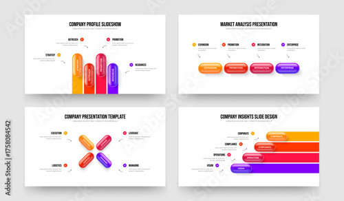Company Showcase 4 Step Infographic Presentation Layout Bundle. Consulting Development Four Element Diagram Slide Design Vector Illustration Collection.